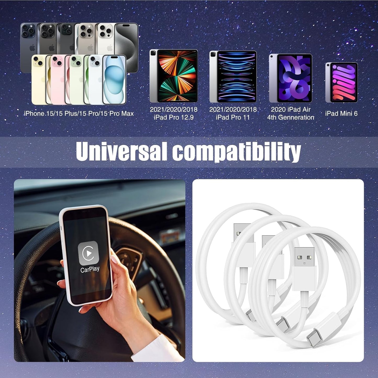 3-Pack 6FT Car Carplay Cable USB A to USB C Cable for iPhone 16 15 Pro Plus Pro Max，for iPad Pro/Air/Mini，for Samsung Galaxy S25/S24/S23，for MacBook Pro/Air and More