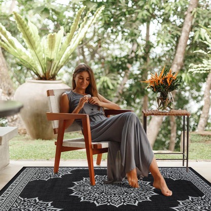 CAMILSON Indoor Outdoor Rug, 10x14 Medallion Black White Modern Area Rugs for Large Indoor and Outdoor Patios, Kitchen and Hallway Mats, Washable Porch Deck Outside Carpet (Medallion Black, 10 x 14)
