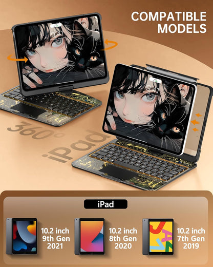 Intermerge for iPad 9th 10.2 inch Keyboard Case, 360° Transparent Multi-Touch Trackpad, 7-Color Backlit Keyboard, Pencil Holder, Type-C, Power Indicator for 9th/ 8th/ 7th - Shadow Pulse