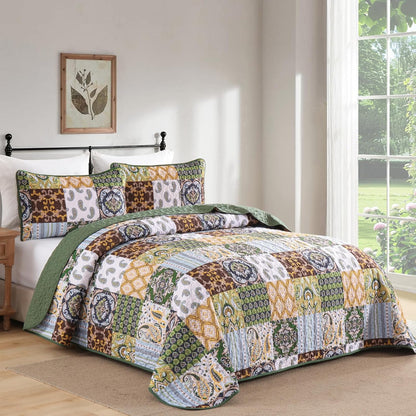 WONGS BEDDING Boho Quilt Set King Size, Plaid Patchwork Bedspread Bedding Set Soft Microfiber Quilt for King Bed Reversible 3 Pieces Coverlet Set for All Season (Brown Olive 104"x90")