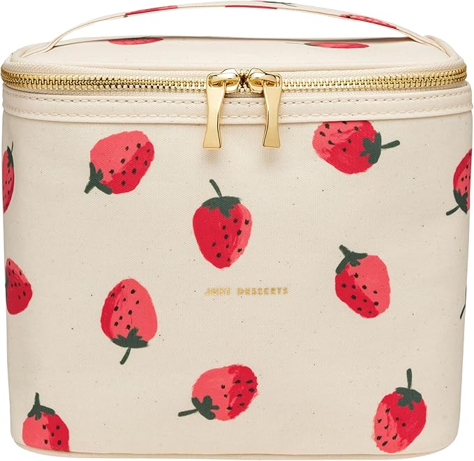 kate spade new york Beige Lunch Bag, Small Insulated Lunch Tote, Thermal Bag with Double Zipper and Carrying Handle, Strawberries