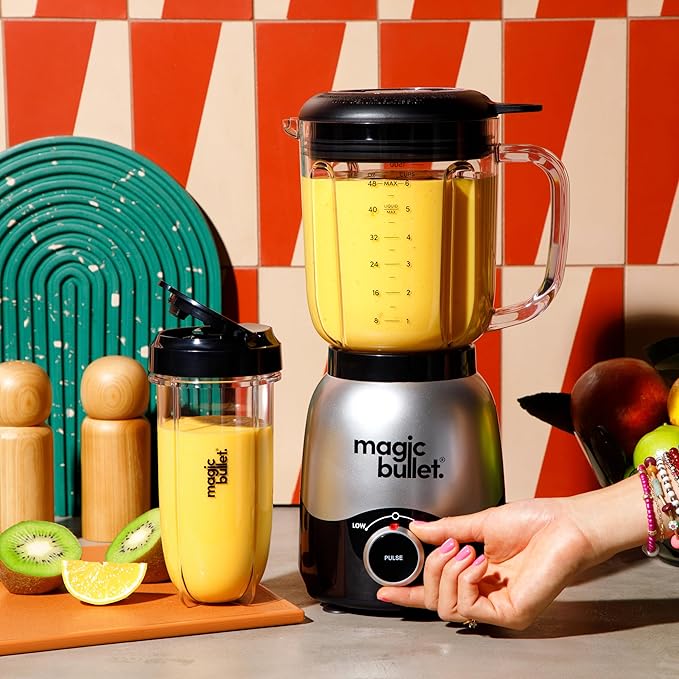 Magic Bullet® Combo Blender, 600W, 48oz Pitcher, 16oz Cup with To-Go Lid, Easy Cleaning, Cross Blade, for Smoothies, Sauces, Shakes, Salsa, Hot Blends, Silver, MBF50200
