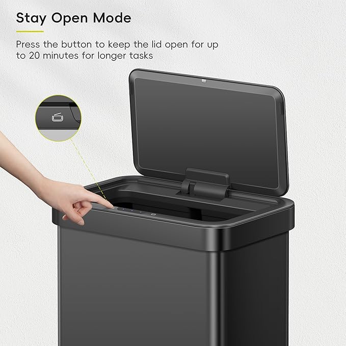 EKO Nova Sensor Trash Can, 21 Gallon/80 Liter Stainless Steel Rectangular Touchless Motion Sensor Trash Can, Matte Black