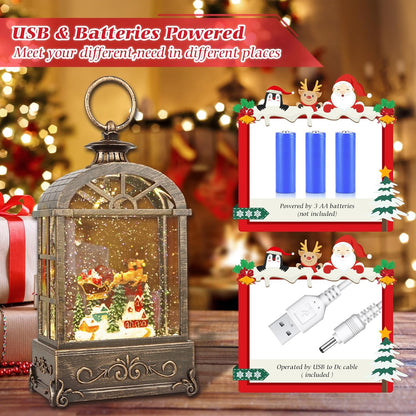 Christmas Snow Globes Lantern,Musical Snow Globes,Christmas Decorations Indoor for Home,Battery Or USB Powered,with 6 Hour Timer,Christmas Lantern for Festival Decoration,Reindeer Vehicle