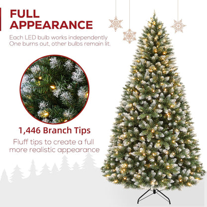 Hykolity 7.5 ft Prelit Christmas Tree, Artificial Christmas Tree with 350 Warm White Lights, 1446 Branch Tips, Metal Stand and Hinged Branches
