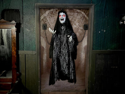Haunted Hill Farm Animatronic Scary Demon Widow Door Greeter with Touch Activated Lights and Sound, Battery-Operated Indoor or Covered Outdoor Halloween Decoration