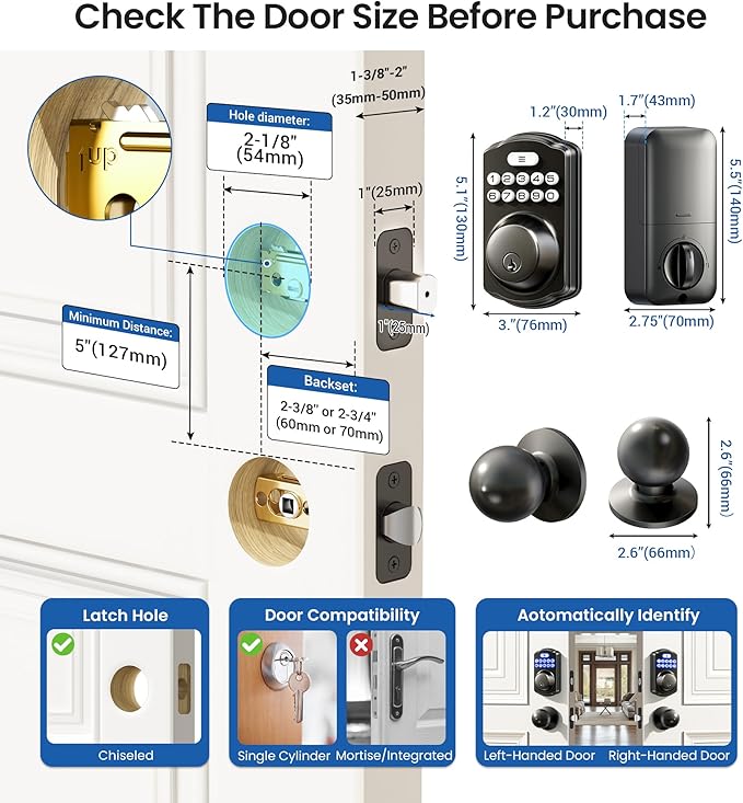 Veise Keyless Entry Door Lock with 2 Knobs, Electronic Backlit Keypad Deadbolt with Handle Set, Auto Lock, One-time Codes, Smart Deadbolt for Front Door, Easy Installation, Matte Black