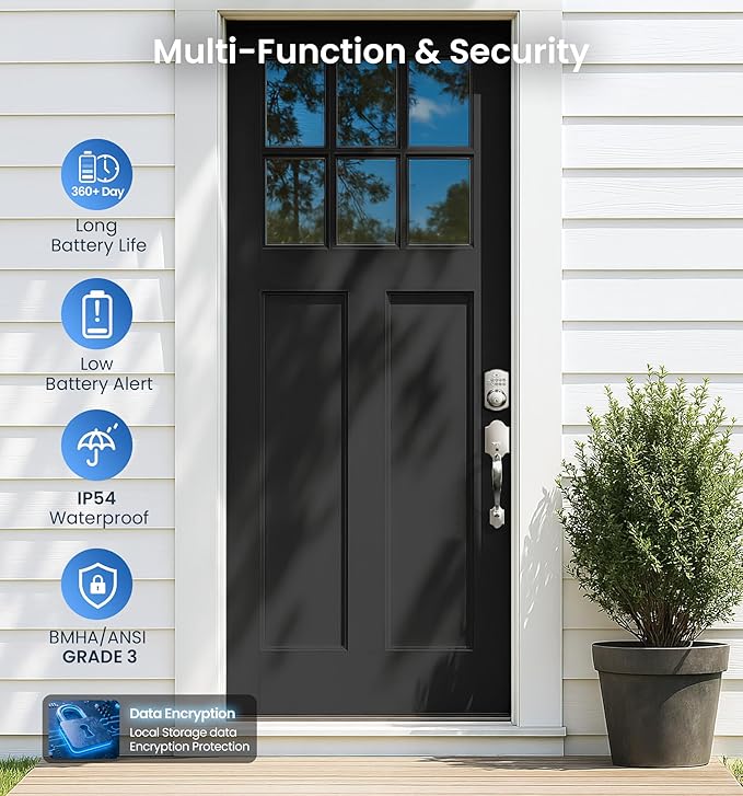Veise KS02A Fingerprint Keyless Entry Door Lock, Auto Lock, Electronic Keypad Deadbolt for Front Door, Biometric, Anti-Peeping Password, Easy Install, Satin Nickel