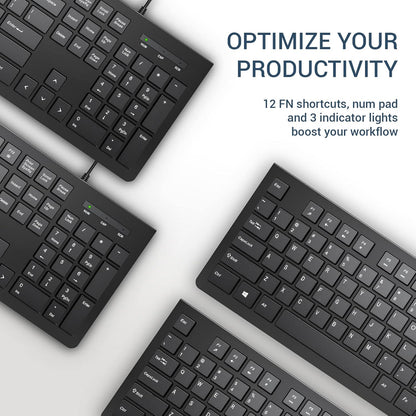 Computer Keyboard Wired, Plug Play USB Keyboard, Low Profile Chiclet Keys, Large Number Pad, Caps Indicators, Foldable Stands, Spill-Resistant, Anti-Wear Letters for PC Laptop (Black, 1-Pack)
