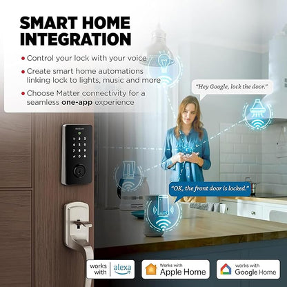 Kwikset Halo Select Smart Lock Keyless Entry Door Lock Wi-Fi and Matter Enabled Deadbolt No Hub Needed, Geofence Auto-Unlock, Grade AAA Certified, Easy Install, Satin Nickel Lifetime Finish Warranty