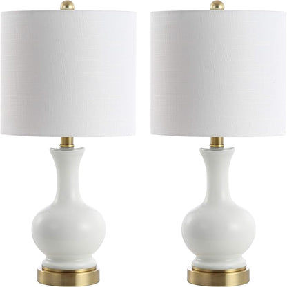 JONATHAN Y 22" White Modern Glass Table Lamp Set of 2, Brass Gold Bedside Lamp with White Linen Shade for Bedroom Living Room, LED Bulbs Included JYL4033A-SET2