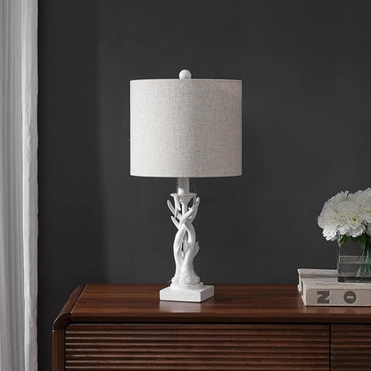 JONATHAN Y 20.5" Antique White Rustic Antler Table Lamp for Bedroom Farmhouse Decor, Mini Faux Antler Desk Lamp with Gray Linen Shade, Lodge Cabin Nightstand Lamp, LED Bulb (JYL1031C)