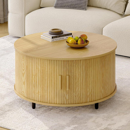 Round Coffee Table with Storage, 31.5" Modern Coffee Table with 360° Curved Sliding Door, Fluted Wood Accent Coffee Table with Adjustable Footpads, Round Center Table for Living Room, Oak
