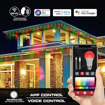 Monster Smart Permanent Outdoor Lights, 50ft, 36 LED Eaves Lights, RGB+IC+WW, Weather & Water Resistant, App & Voice Control, Compatible with Alexa and Google, for Halloween, Christmas & Year-Round
