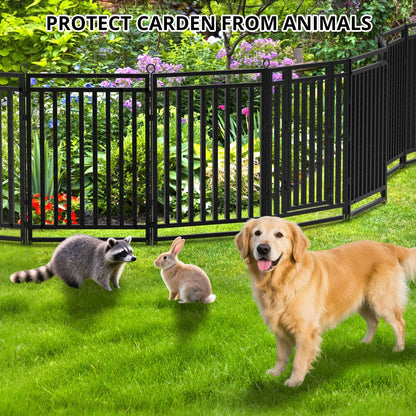Decorative Garden Fence Large Dog Fence Outdoor for Yard, 72ft (L) × 40in (H), 28 Panels + 4 Gates, Metal Animal Barrier Fencing for Patio & Flower Bed, No Dig, Black-Silver