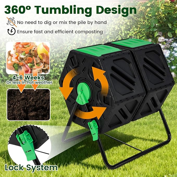 Dual Chamber Outdoor Compost Tumbler, Heavy-Duty Rotating Composter with Aeration & 2 Sliding Doors, 34.5 Gallon Composting Bin for Garden Kitchen Yard Waste