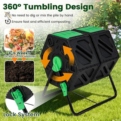 Dual Chamber Outdoor Compost Tumbler, Heavy-Duty Rotating Composter with Aeration & 2 Sliding Doors, 34.5 Gallon Composting Bin for Garden Kitchen Yard Waste