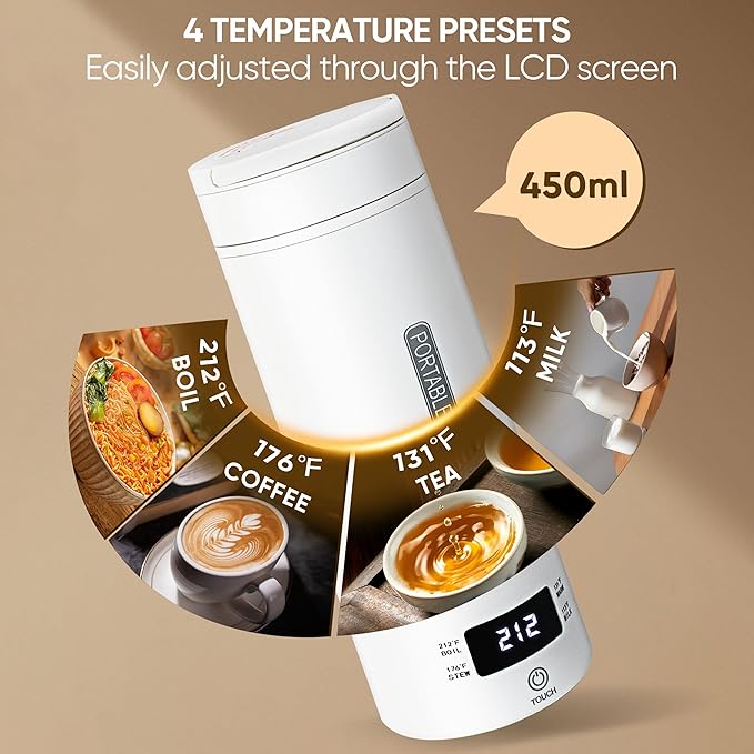 Portable Electric Kettle, Travel Tea Kettle, Small Hot Water Boiler Coffee Heater 450ML, 316 Stainless Steel, 4 Temperature Settings with Fast Boiling Water Auto Shut-off Boil Dry Protection (White)