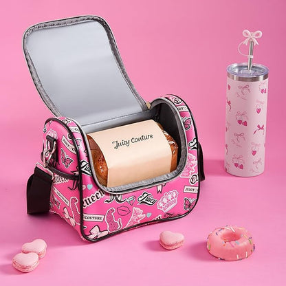 Juicy Couture Insulated Lunch Bag – Stylish Cooler Tote with Adjustable Crossbody Strap, Hot Pink Printed Stickers – Women's Lunch Box Bag for Work, School, Travel
