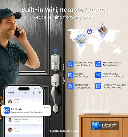 Veise VE027 Built-in Wi-Fi Smart Lock, Fingerprint Keyless Entry Front Door Lock, App Remote & Voice Control, No Hub Needed, Touchscreen Keypad Deadbolt, IP65 Waterproof, BHMA Grade 3, Satin Nickel