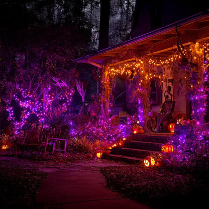 Dazzle Bright Halloween String Lights, 600 LED 196 FT Waterproof Black Wire String Lights with 8 Lighting Modes, Halloween Decorations Outdoor for Party Yard Garden Decor, Purple and Orange