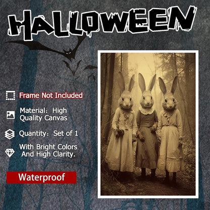 Vintage Horror Spooky Three Rabbits In Occult Forest Spooky Canvas Wall Art Poster Gothic Dark Academia Decorations Room Creepy Print Retro Halloween Wall Decor 24X36inch Unframed