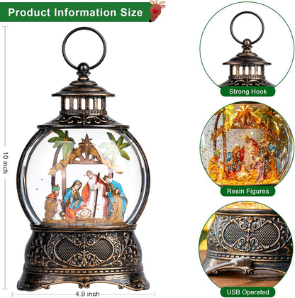 Christmas Snow Globes Lantern Christmas Snow Globe with Music Holy Family Nativity Scene,6H Timer,USB Lined/Battery Operated Lighted Lantern for Christmas Festival Decoration Gifts