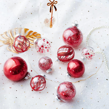 Clear Christmas Ball Ornaments,24ct Shatterproof Plastic Decorative Christmas Ornaments Hanging Xmas Tree Baubles Set with Stuffed Delicate Glittering Decorations for Holiday Party Home Decor (Red)