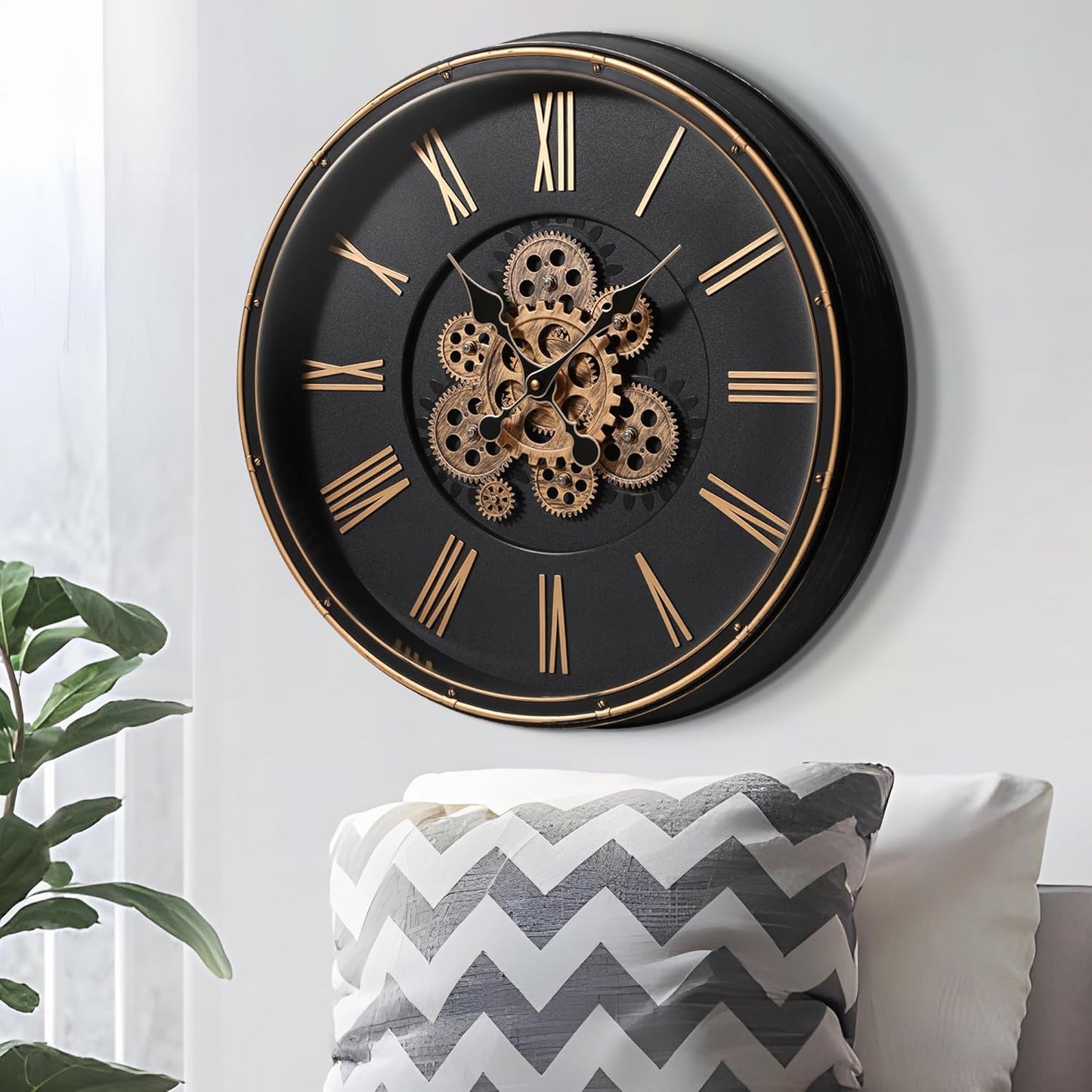 Maxstar Large Moving Gear Wall Clock,20" Vintage Mechanical Battery Operated Industrial Wall Clocks for Farmhouse Living Room,Home Office, Dinning Room, Kitchen, Steampunk Decor-Gold,Roman Numeral