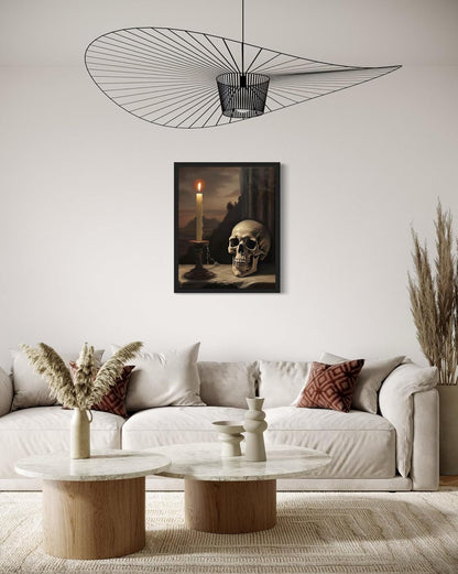 Skull and Candle Poster Art Print, Halloween Scary Vintage Wall Art Academia Spooky Painting Decoration for Horror Prints, Gothic Posters Bedroom Decor 89 (Skull and Candle, 16 x 20 inches, Black Frame)