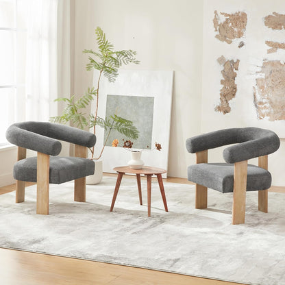 VKNOW Accent Chair Living Room Chair, Modern Upholstered Armchair with Solid Wood Legs, Comfy Barrel Arm Chairs for Living Room Bedroom, Dark Grey