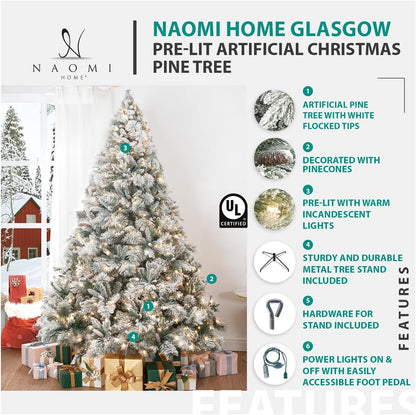 Naomi Home 6.5ft Snow Flocked Christmas Tree with Lights,Realistic Frosted Pine Prelit with Pine Cones, Foot Pedal 1040 Branch Tips, 650 Warm Lights & Metal Stand, Pre Lit Xmas Tree