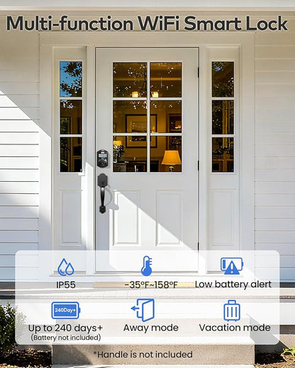 TEEHO TE012W WiFi Smart Lock, Fingerprint Door Lock with Built-in Wi-Fi, Keyless Entry Keypad Smart Deadbolt, App Remote Control, Alexa Compatible, IP55 Waterproof for Front Door – Matte Black