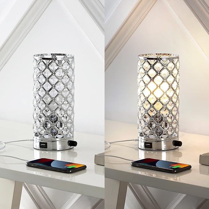 JONATHAN Y 9.5" Chrome Iron and Acrylic Mini Table Lamp, Mid-Century Modern Glam Uplight with USB Charging Port and Dimmable Smart Bulb, LED Bulb Included JYL1128A