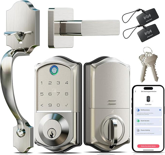 Veise VE017-H Fingerprint Smart Front Door Lock Set, App Control, 8-in-1 Keyless Entry Deadbolt with Zinc Alloy Handles, Emergency Power Port, Touchscreen Keypad, Auto Lock, Easy Install, Satin Nickel