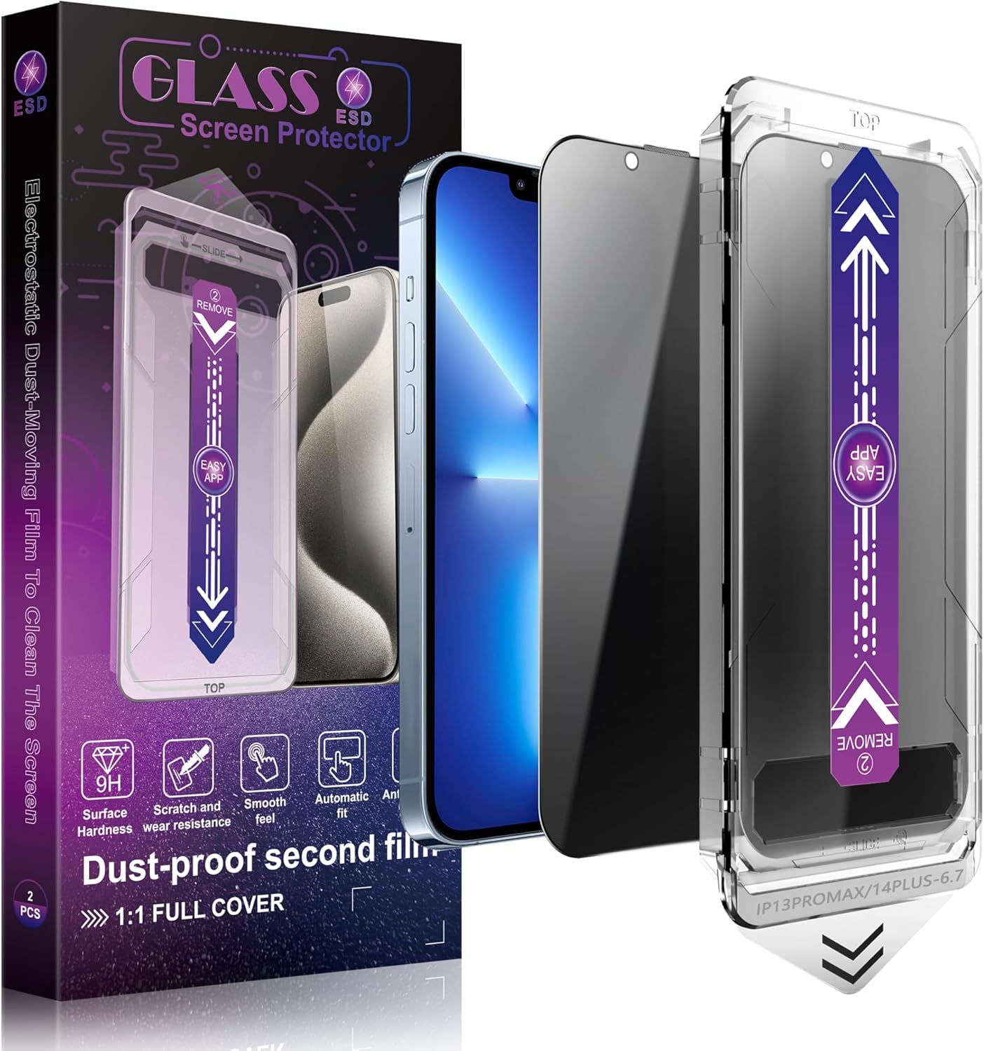 2 Pack Privacy Screen Protector for iPhone 13 Pro Max and iPhon 14 Plus 6.7-Inch Auto Dust Removal, No Bubbles,Anti-Spy Tempered Glass Film, Easy Installation
