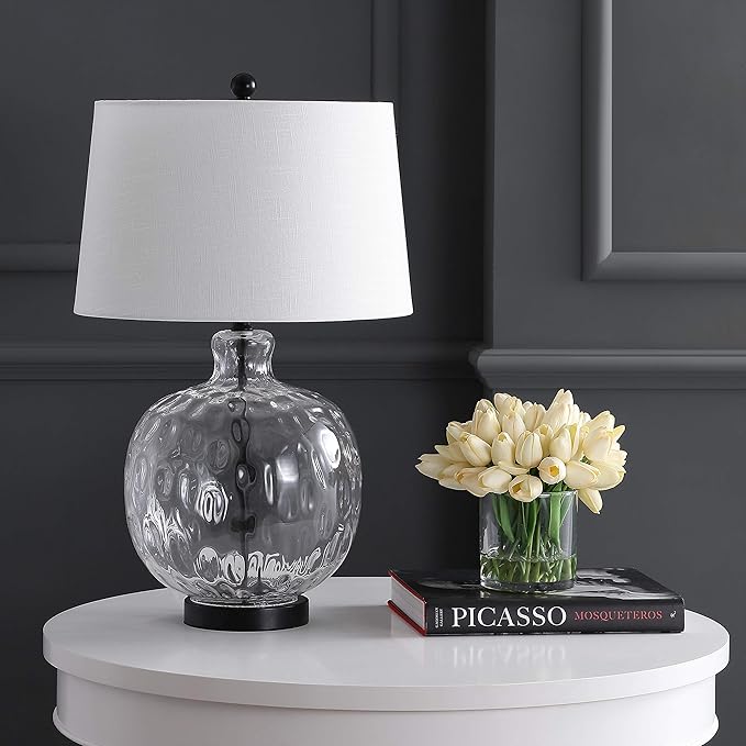 JONATHAN Y 26.5" Clear Glass and Black Metal LED Table Lamp, Transitional Farmhouse Bedside Nightstand Lamp with White Linen Shade, UL Listed, LED Bulb Included JYL1067A