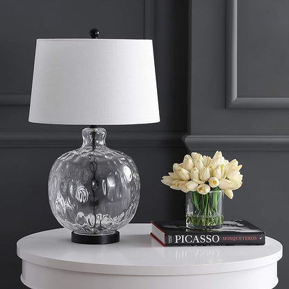 JONATHAN Y 26.5" Clear Glass and Black Metal LED Table Lamp, Transitional Farmhouse Bedside Nightstand Lamp with White Linen Shade, UL Listed, LED Bulb Included JYL1067A