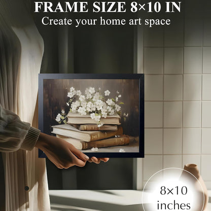 Wood Framed Canvas Poster Print Wall Art, Vintage Floral Book Wall Decor Oil Painting, Dark Academia Room Aesthetics Picture for Bathroom Classroom Dormitory room Decor 8x10 inch