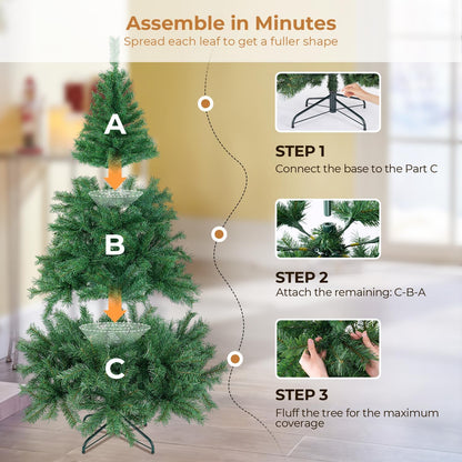 6 ft Artificial Christmas Tree with 700 PVC Branch Tips, Holiday Xmas Tree with Foldable Metal Base and Easy Assembly, Christmas Trees for Yard Porch Home Office Party Decoration, Green