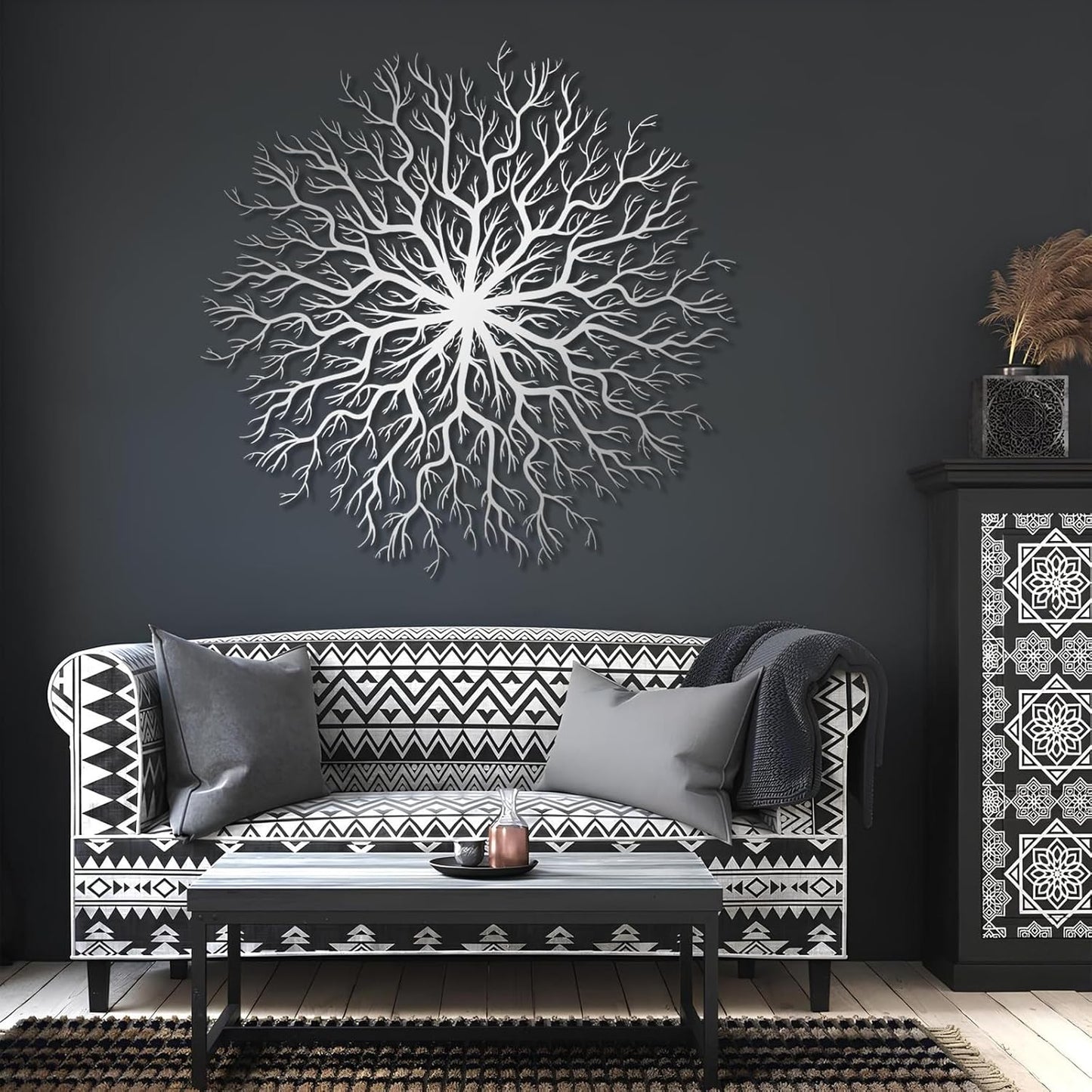 Tree of Life Metal Wall Art, Metal Tree Wall Art, Large Round Sculpture, Round Branch Wall Decor, Large Branch Artwork, Nature Sign, Wall Decor for Living Room, Housewarming Gift (Silver, 28"x28"|70x70cm)