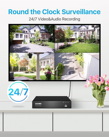 ZOSI 8CH 4K Spotlight PoE Security Camera System, 8pcs 8MP Outdoor Indoor Metal Cameras, Person/Vehicle Detection, 2 Way Audio, Color Night Vision, 8Channel NVR with 2TB HDD for Home 24/7 Recording