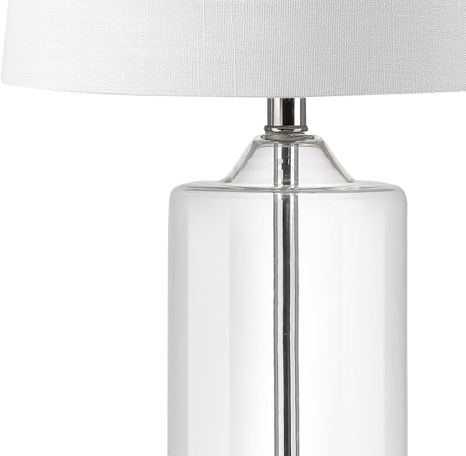 JONATHAN Y 25" Clear Glass and Chrome LED Table Lamp, Modern Coastal Bedside Lamp with White Linen Drum Shade for Living Room, Farmhouse Decor, LED Bulb Included JYL1018A
