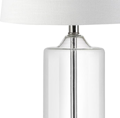 JONATHAN Y 25" Clear Glass and Chrome LED Table Lamp, Modern Coastal Bedside Lamp with White Linen Drum Shade for Living Room, Farmhouse Decor, LED Bulb Included JYL1018A