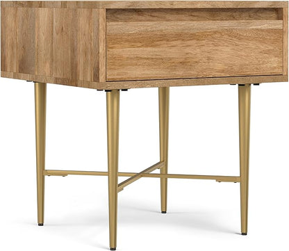 SIMPLIHOME Fallon End Table - 20 inch Wide Solid Mango Wood Square Accent Table with Storage Drawer and Gold Metal Base in Natural, Contemporary Nightstand or Lamp Stand for Living Room or Bedroom