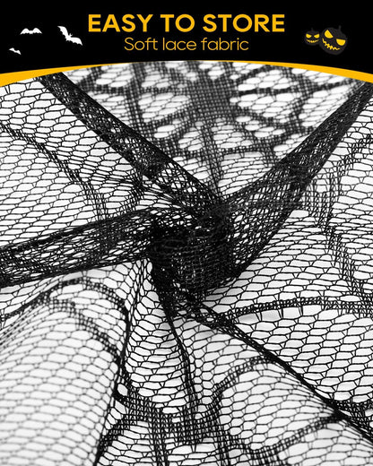 eZAKKA Halloween Table Cloth with 16 Pcs Bats Wall Decor, Spider Web Table Cloth Black Tablecloth Lace Fabric Table Cloths for Rectangle for Parties Gothic Spooky Home Decorations, 53x68 Inch