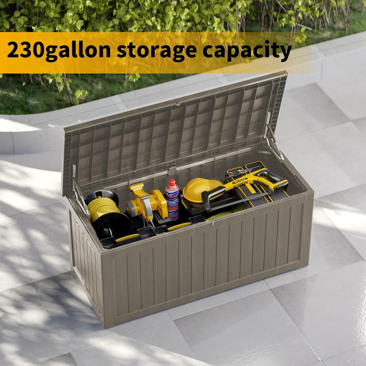 230 Gallon Double-Wall Resin Deck Box - Lockable Waterproof Outdoor Storage Box, 1000lbs Capacity & Doubles as Seating for Patio Furniture - Garden Tools, Pool Accessories (Brown)