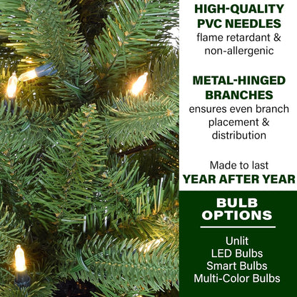 Fraser Hill Farm 7.5-Ft. Winter Falls Artificial Christmas Tree with Warm White LED Lights and Metal Base, Slim Holiday Tree with 8 Unique Light Functions, Perfect for Small Spaces and Apartments