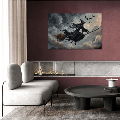 JFHCQJPK Witch and bat flying Halloween poster suitable for home party wall decoration retro Halloween preppy style wall art canvas print suitable for room decoration8x12in Frameless