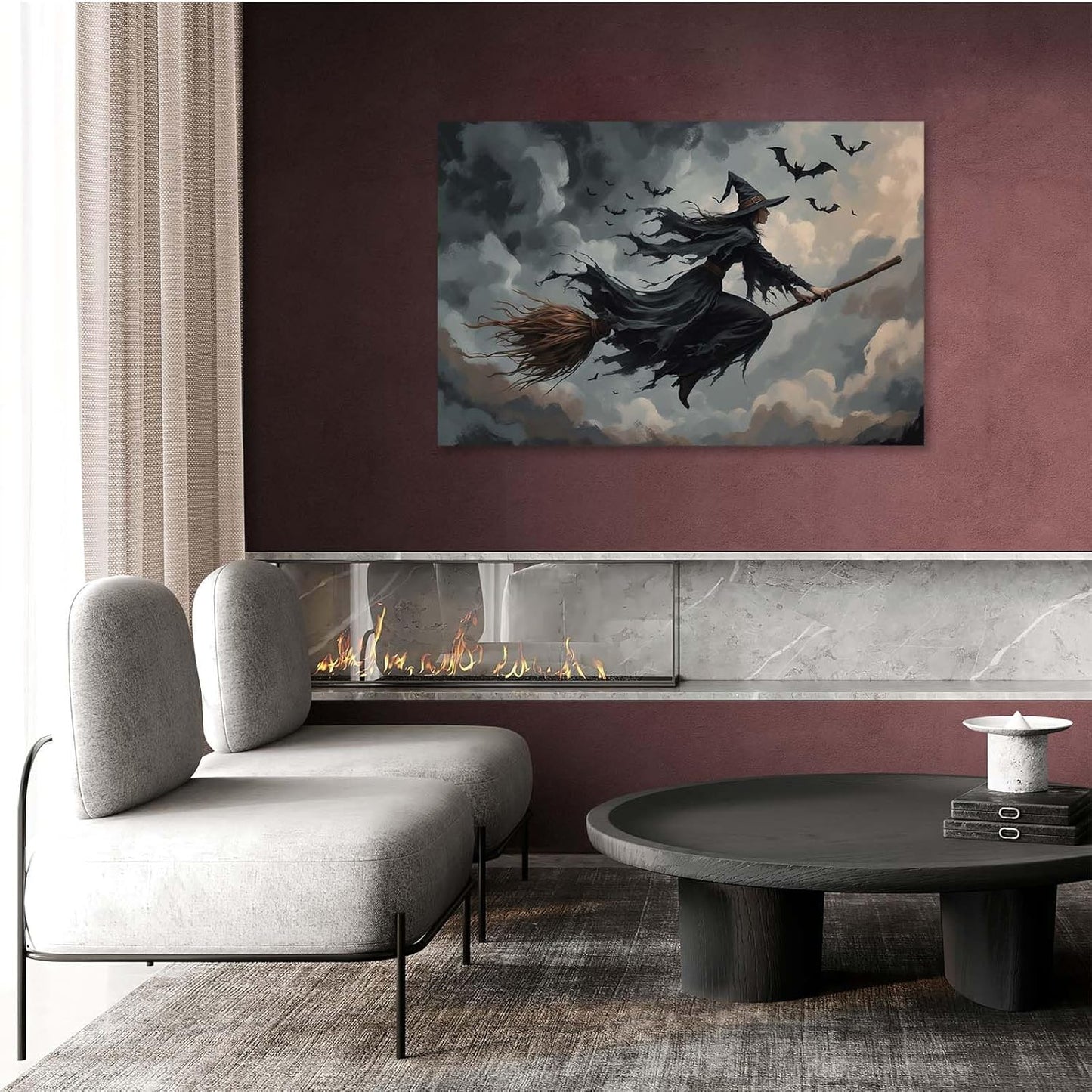 Witch and bat flying Halloween poster suitable for home party wall decoration retro Halloween preppy style wall art canvas print suitable for room decoration12x16in Wood Framed